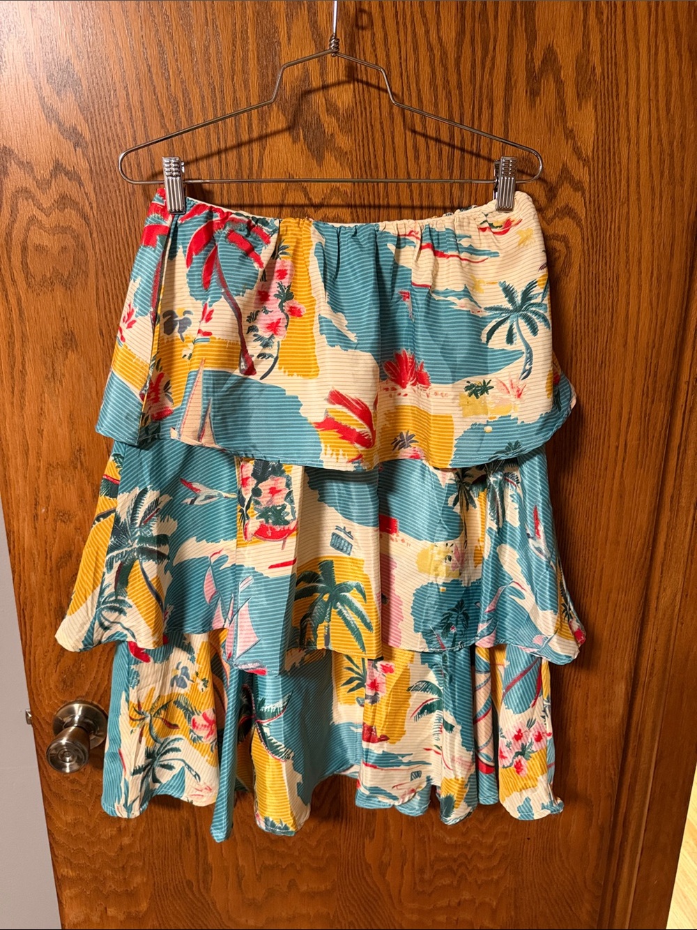 Tiered Tropical Print Skater Skirt in Teal, Yellow & Red
